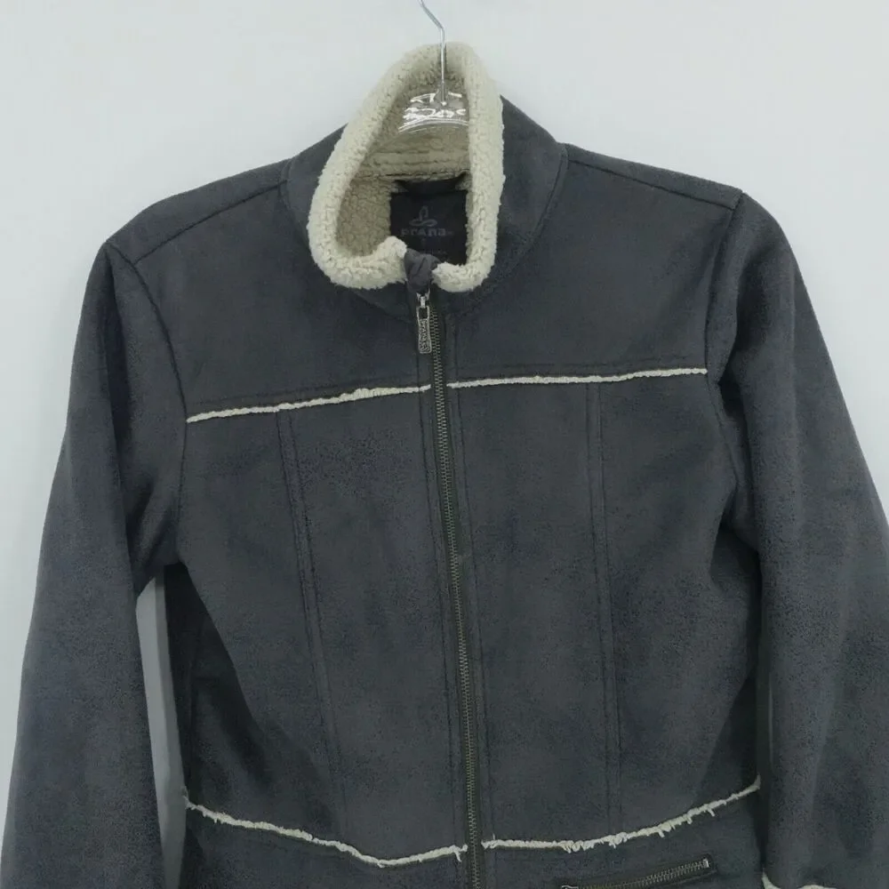 Prana Jacket Womens Small Gray‎ Faux Suede Sherpa Lined Esme Moto Boho Gorp